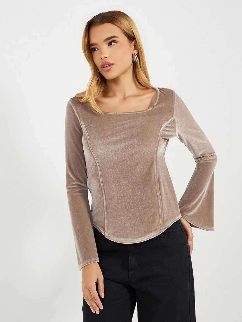 women solid bell sleeves regular top