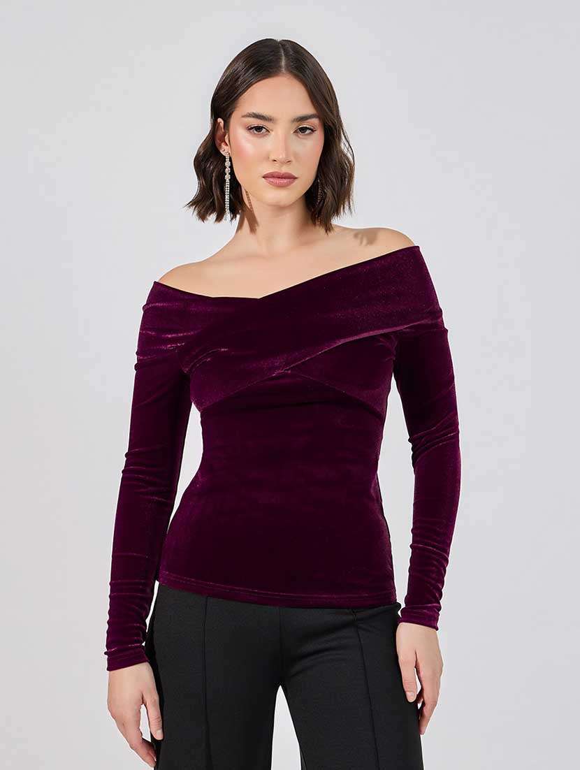 women solid off shoulder long sleeves top - 21666388 -  Standard Image - 1