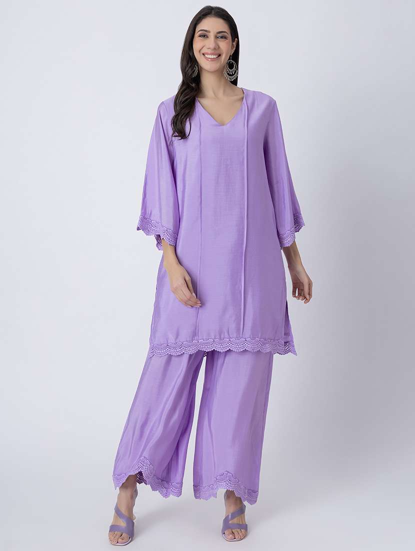 women lavender solid v neck straight kurta