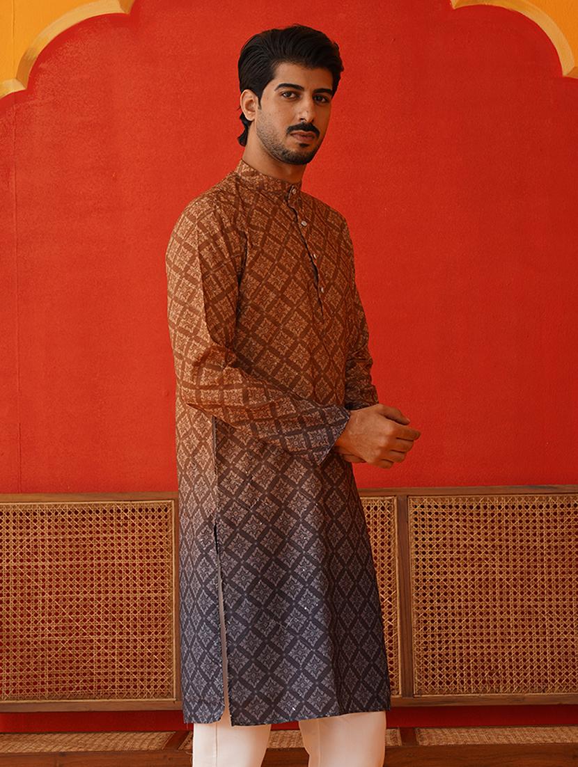 men mandarin neck printed long kurta - 21667088 - Standard Image - 1