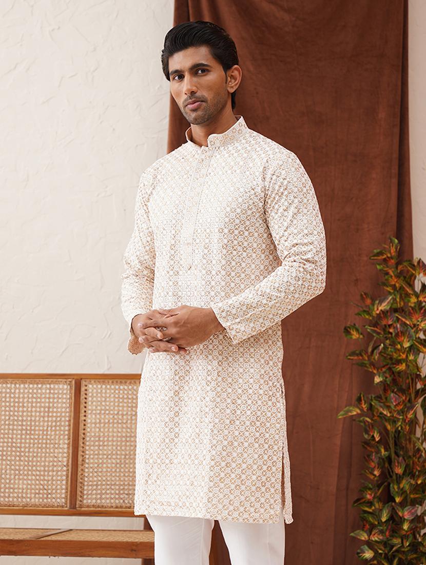 men mandarin neck embroidered long kurta - 21667093 - Standard Image - 1