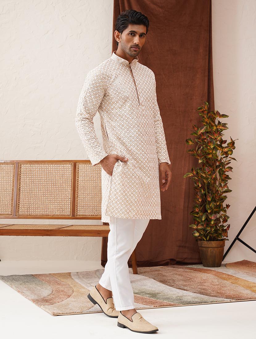 men mandarin neck embroidered long kurta - 21667093 - Standard Image - 4