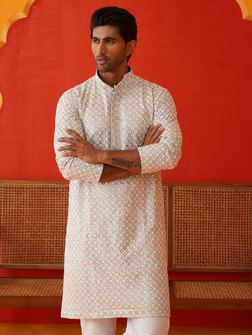men mandarin neck embroidered long kurta
