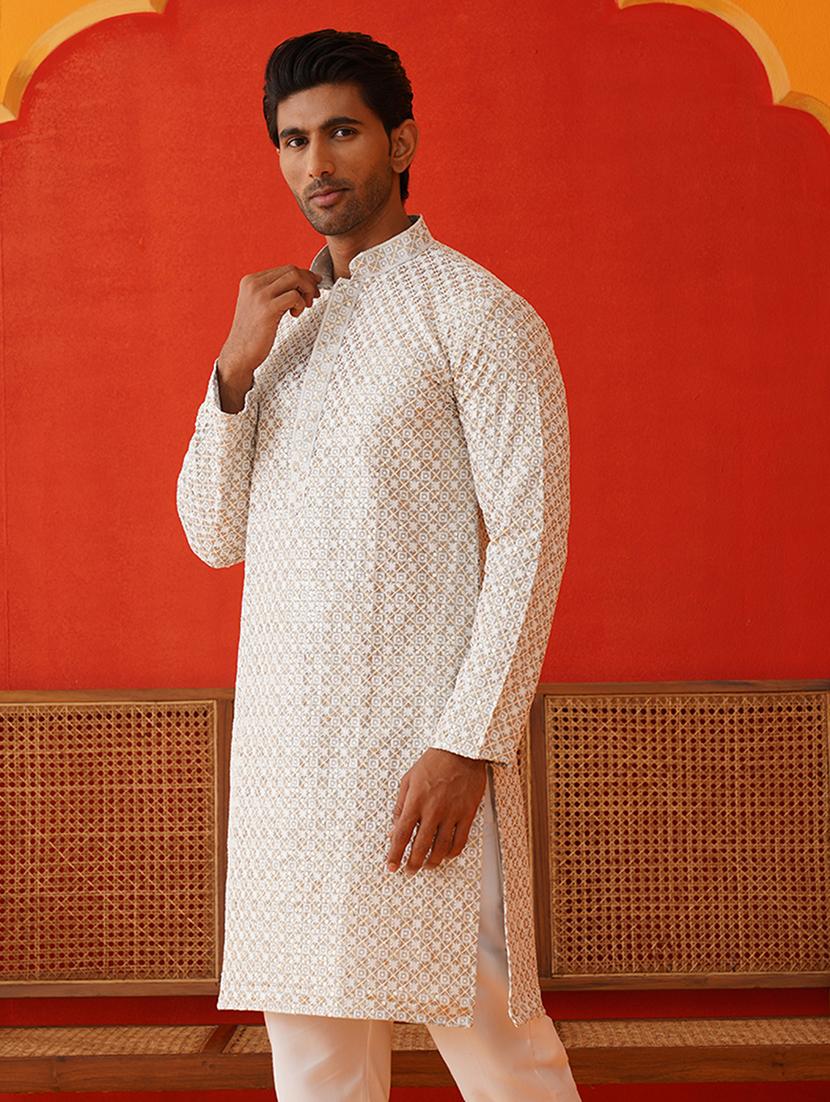 men mandarin neck embroidered long kurta - 21667094 - Standard Image - 1