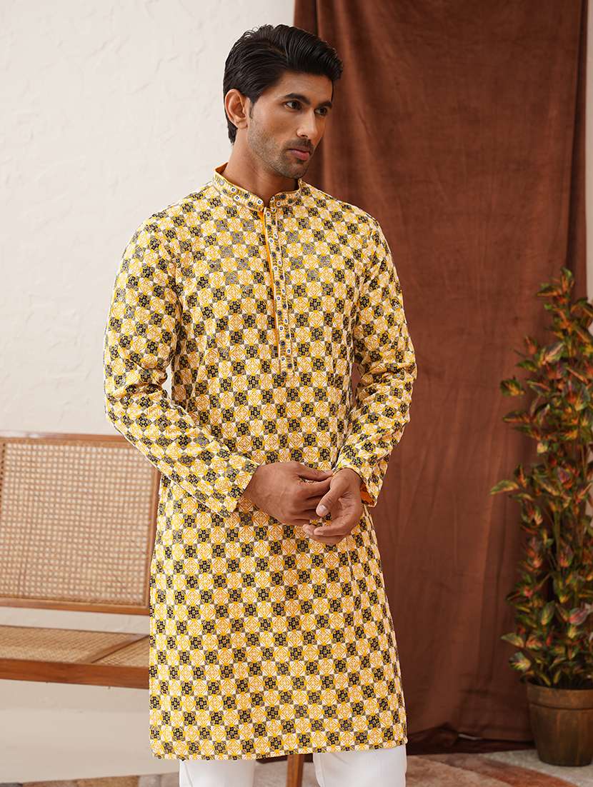 men mandarin neck printed long kurta - 21667097 - Standard Image - 1