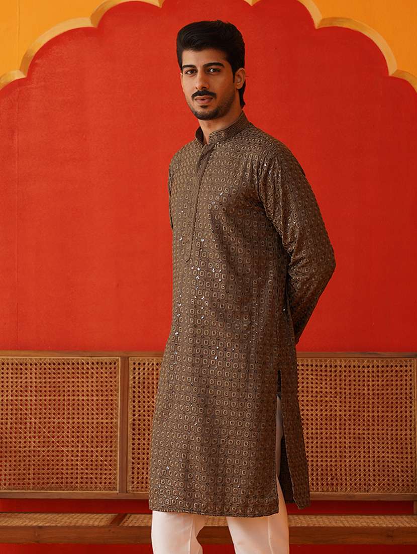 men mandarin neck embroidered long kurta - 21667105 -  Standard Image - 1