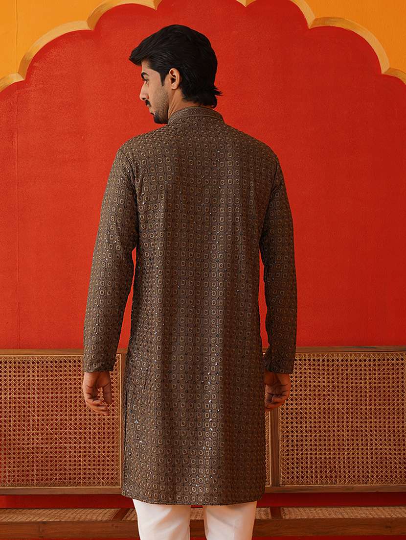 men mandarin neck embroidered long kurta - 21667105 -  Standard Image - 4
