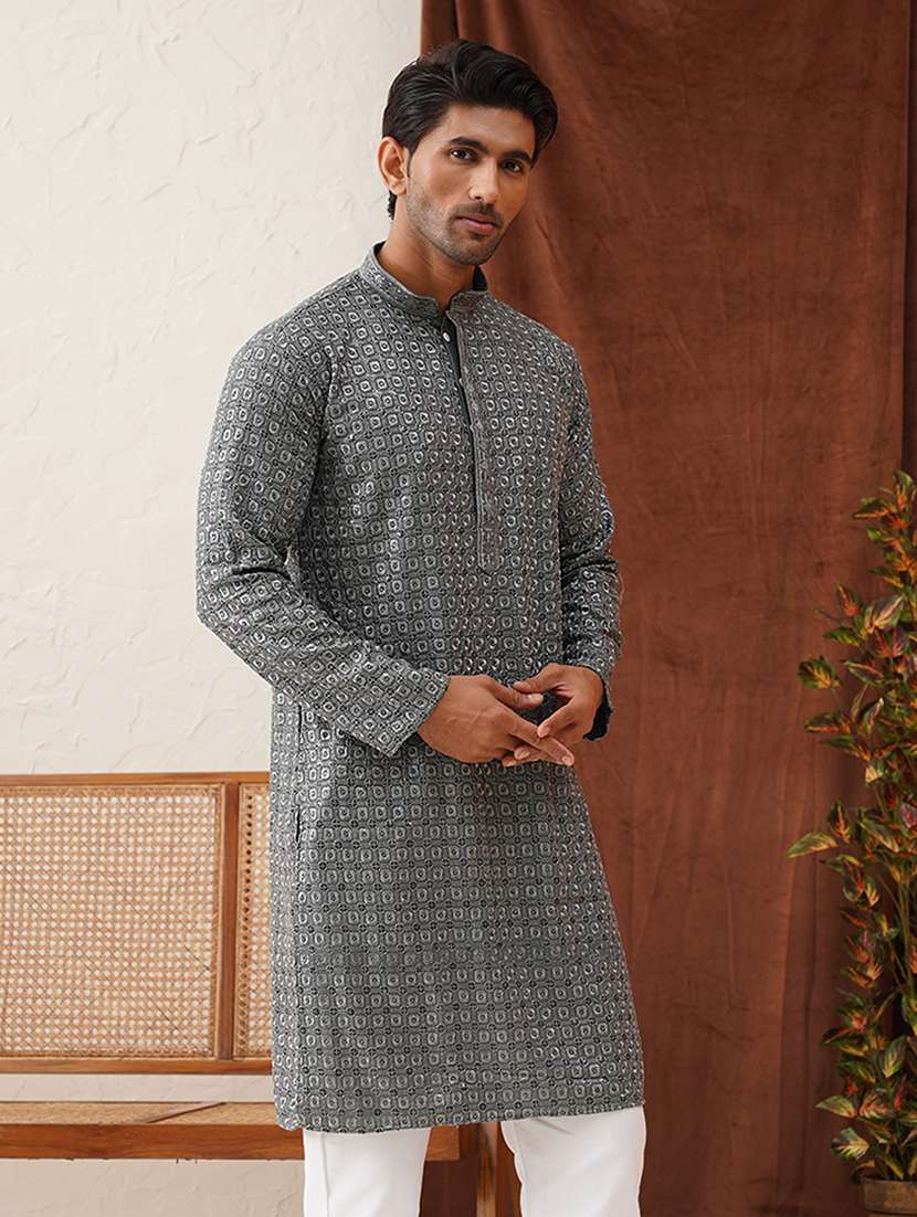men mandarin neck embroidered long kurta