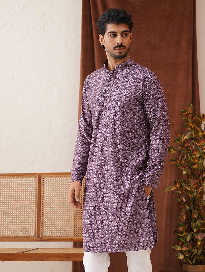 men mandarin neck embroidered long kurta - 21667107 - Standard Image - 1