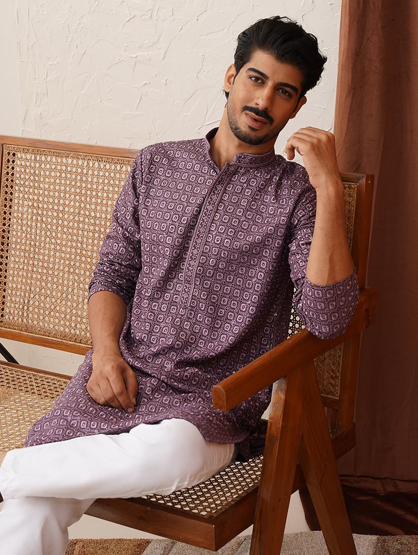 men mandarin neck embroidered long kurta - 21667107 - Standard Image - 4