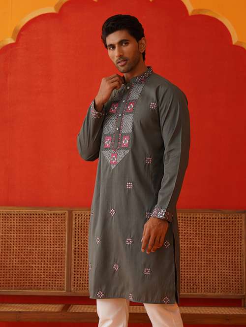 men mandarin neck embroidered long kurta - 21667109 - Standard Image - 0