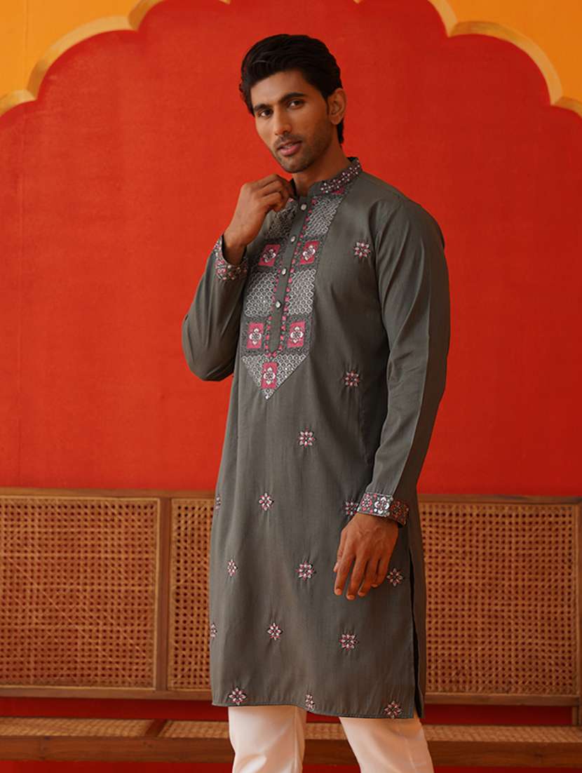 men mandarin neck embroidered long kurta - 21667109 - Zoom Image - 0
