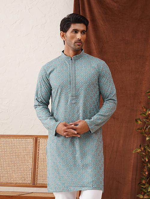 men mandarin neck embroidered long kurta - 21667111 - Standard Image - 0