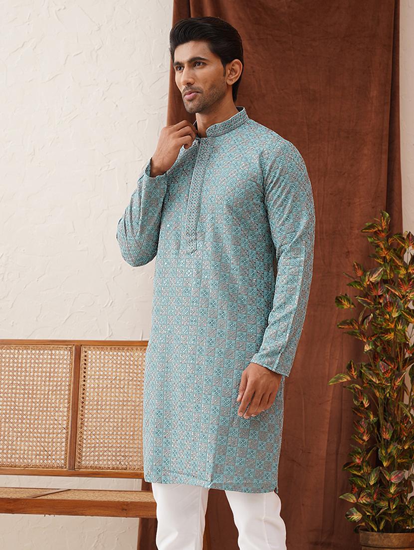 men mandarin neck embroidered long kurta - 21667111 - Standard Image - 1