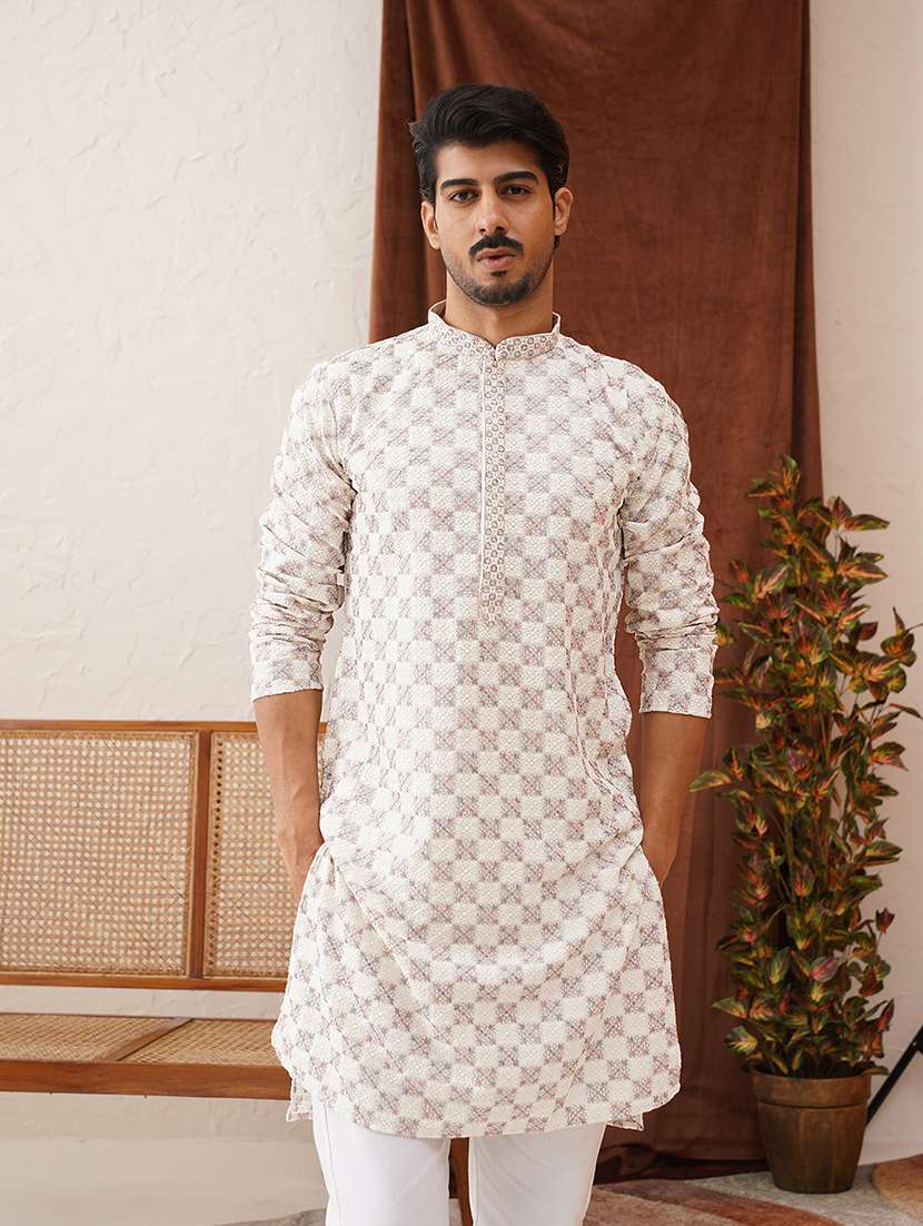 men mandarin neck embroidered long kurta