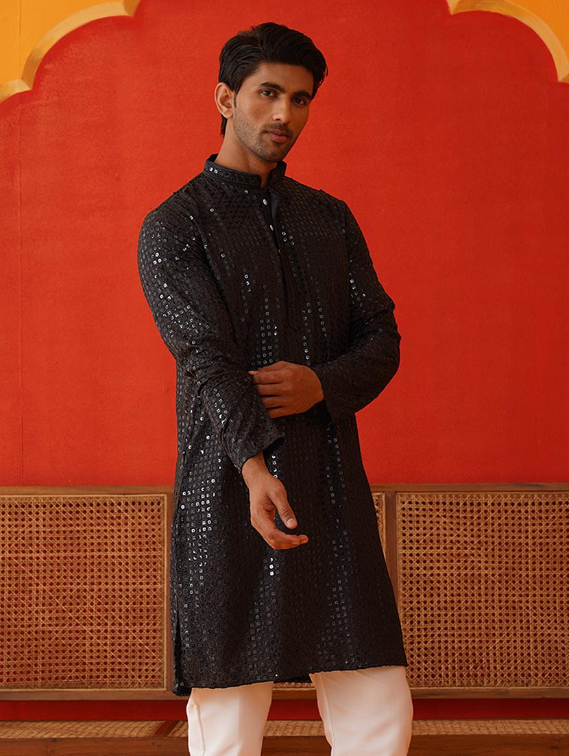 men mandarin neck sequined long kurta - 21667114 -  Standard Image - 1