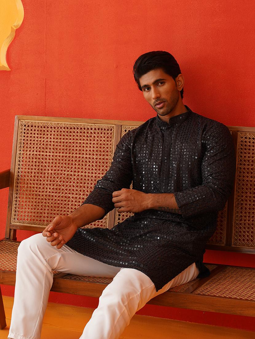 men mandarin neck sequined long kurta - 21667114 - Standard Image - 4