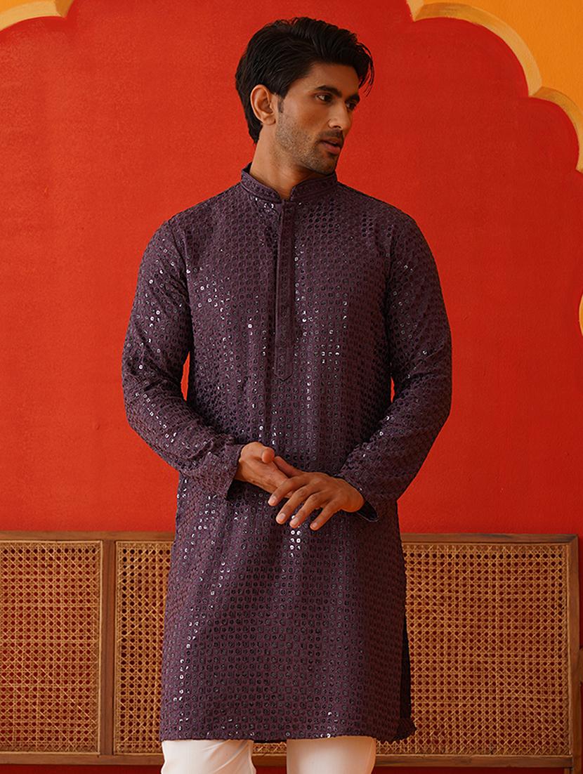 men mandarin neck sequined long kurta - 21667115 - Zoom Image - 0