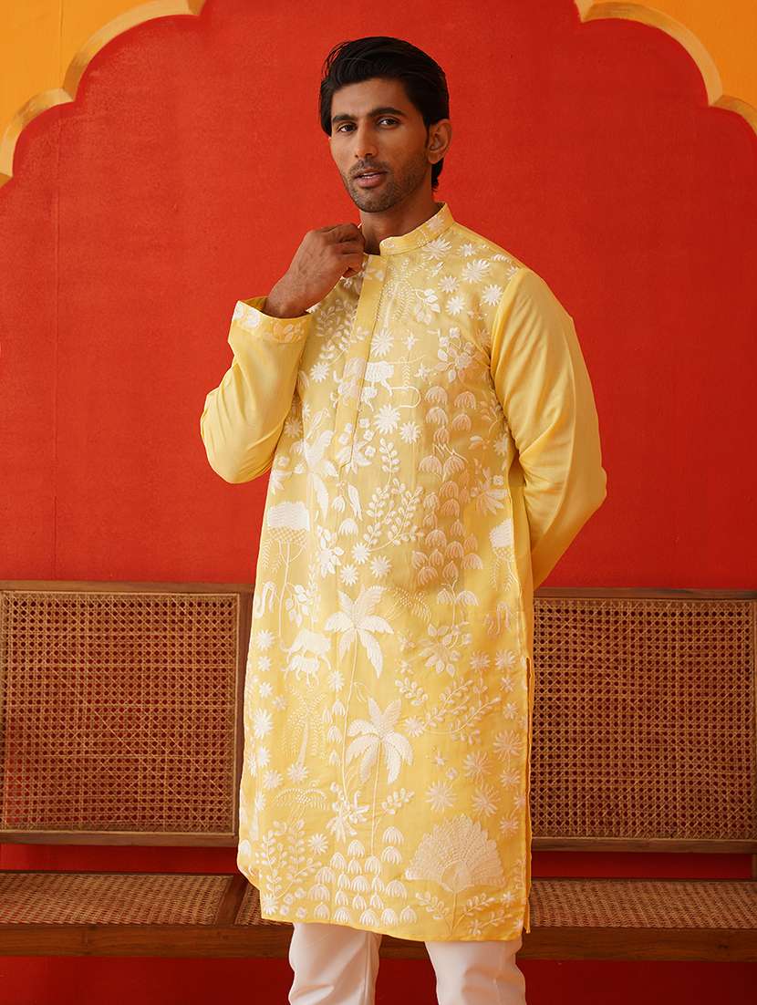 men mandarin neck embroidered long kurta