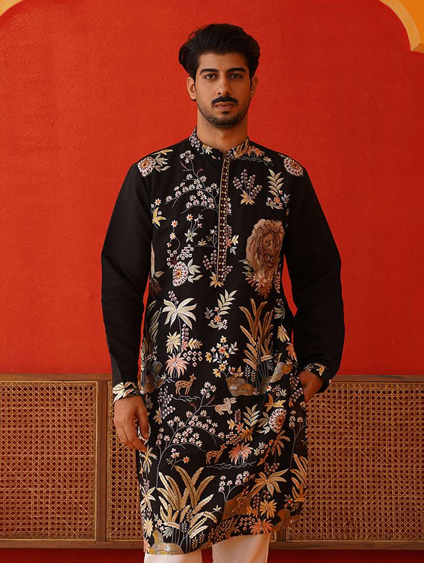 men mandarin neck embroidered long kurta - 21667119 -  Standard Image - 4