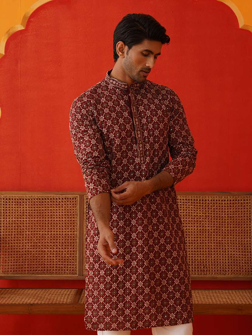 men mandarin neck embroidered long kurta