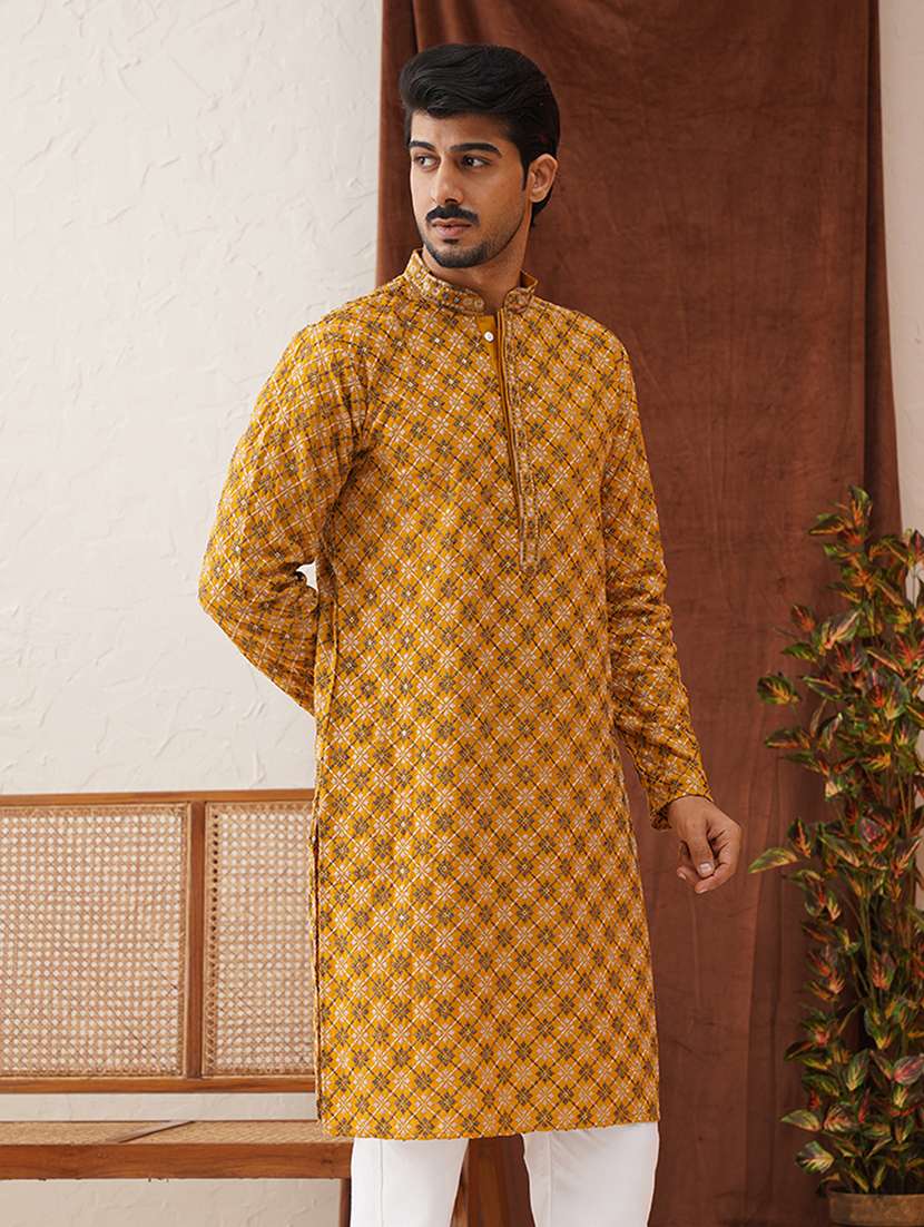 men mandarin neck embroidered long kurta
