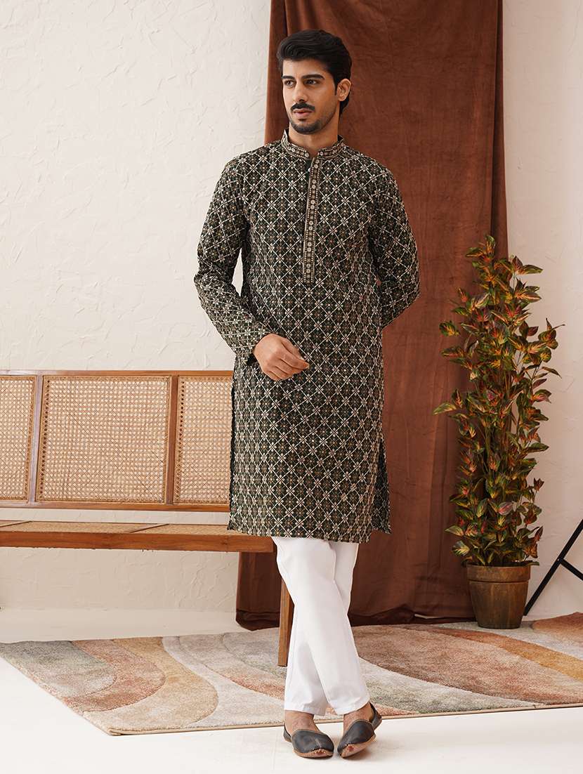 men mandarin neck embroidered long kurta - 21667129 - Standard Image - 4