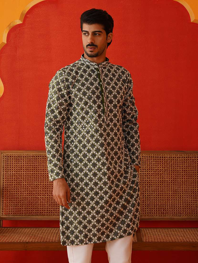 men mandarin neck embroidered long kurta