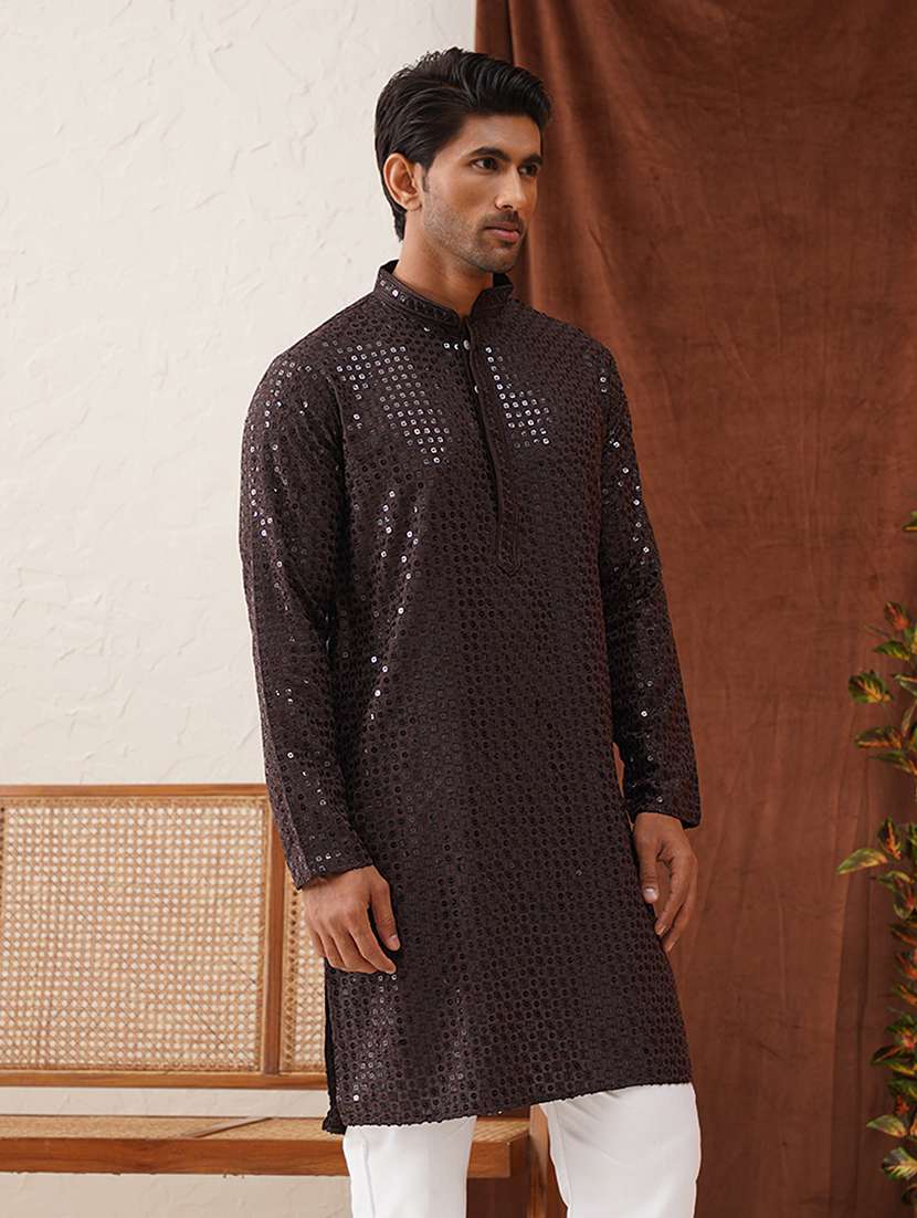 men mandarin neck sequined long kurta - 21667136 - Standard Image - 1