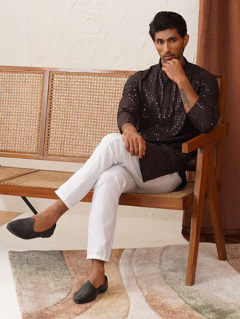 men mandarin neck sequined long kurta - 21667136 - Standard Image - 4