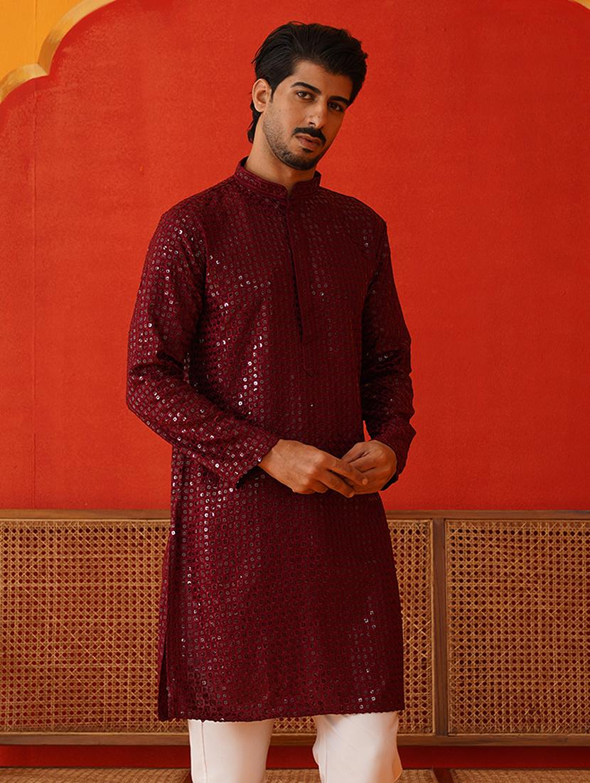 men mandarin neck sequined long kurta - 21667137 - Standard Image - 1