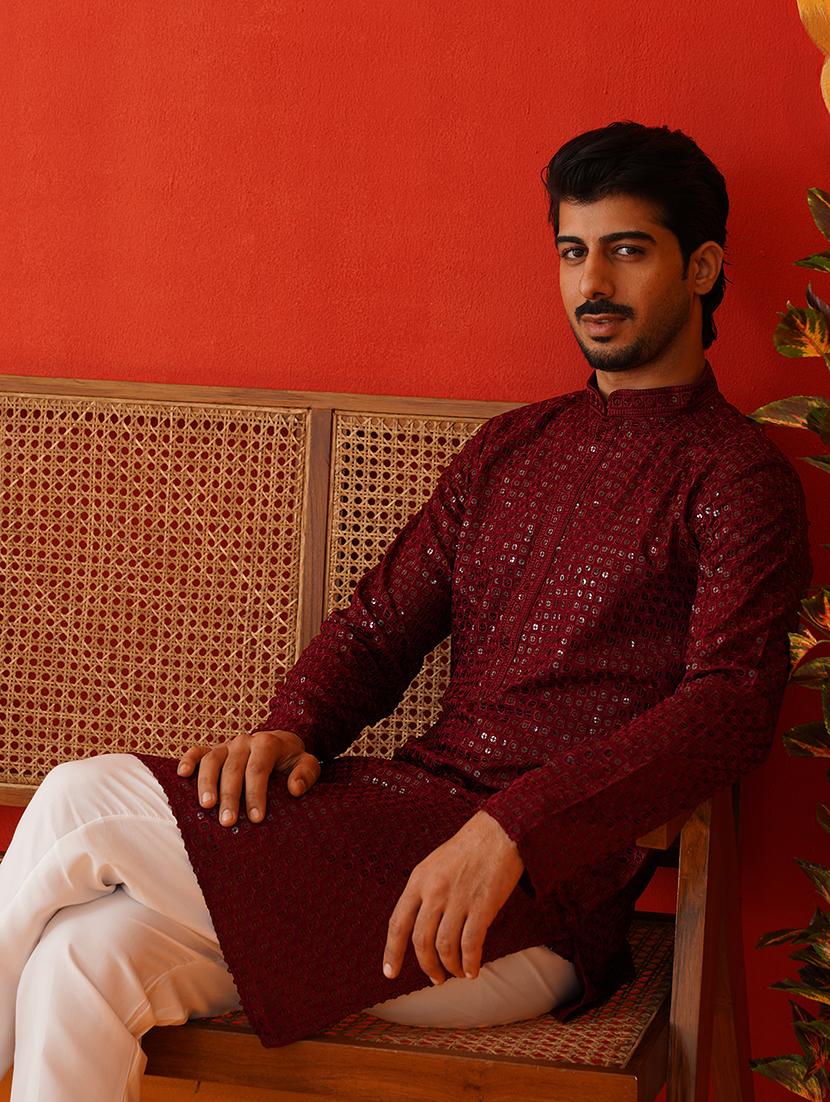 men mandarin neck sequined long kurta - 21667137 - Standard Image - 4