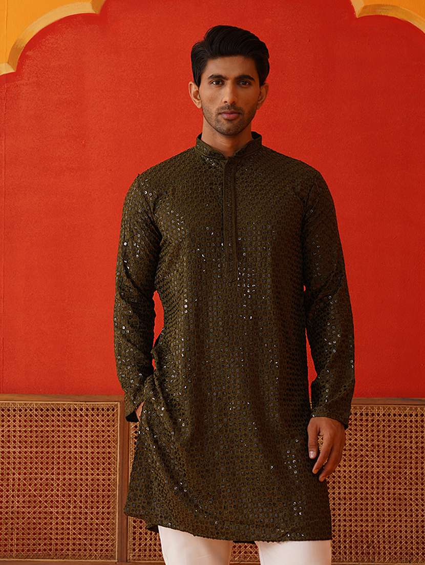 men mandarin neck sequined long kurta