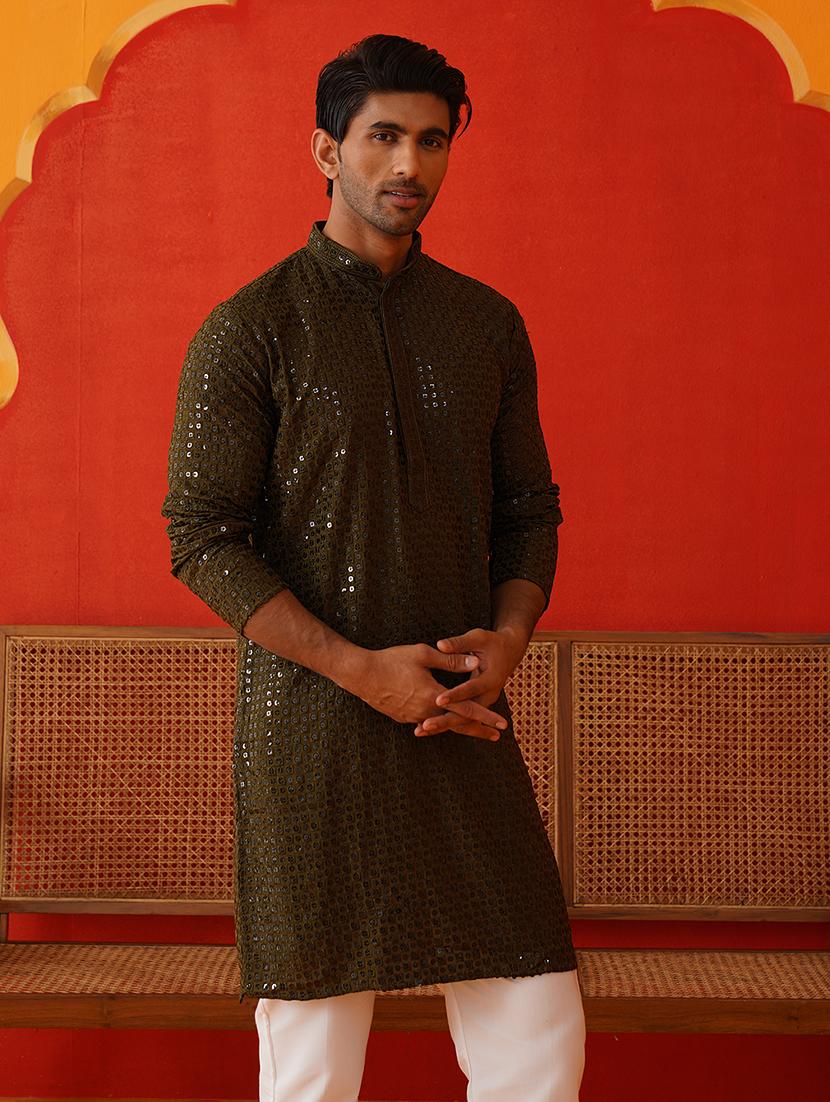 men mandarin neck sequined long kurta - 21667138 - Standard Image - 1