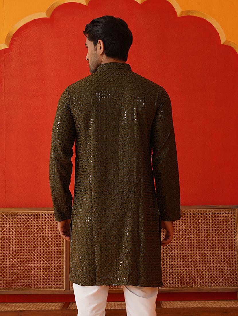 men mandarin neck sequined long kurta - 21667138 - Standard Image - 4