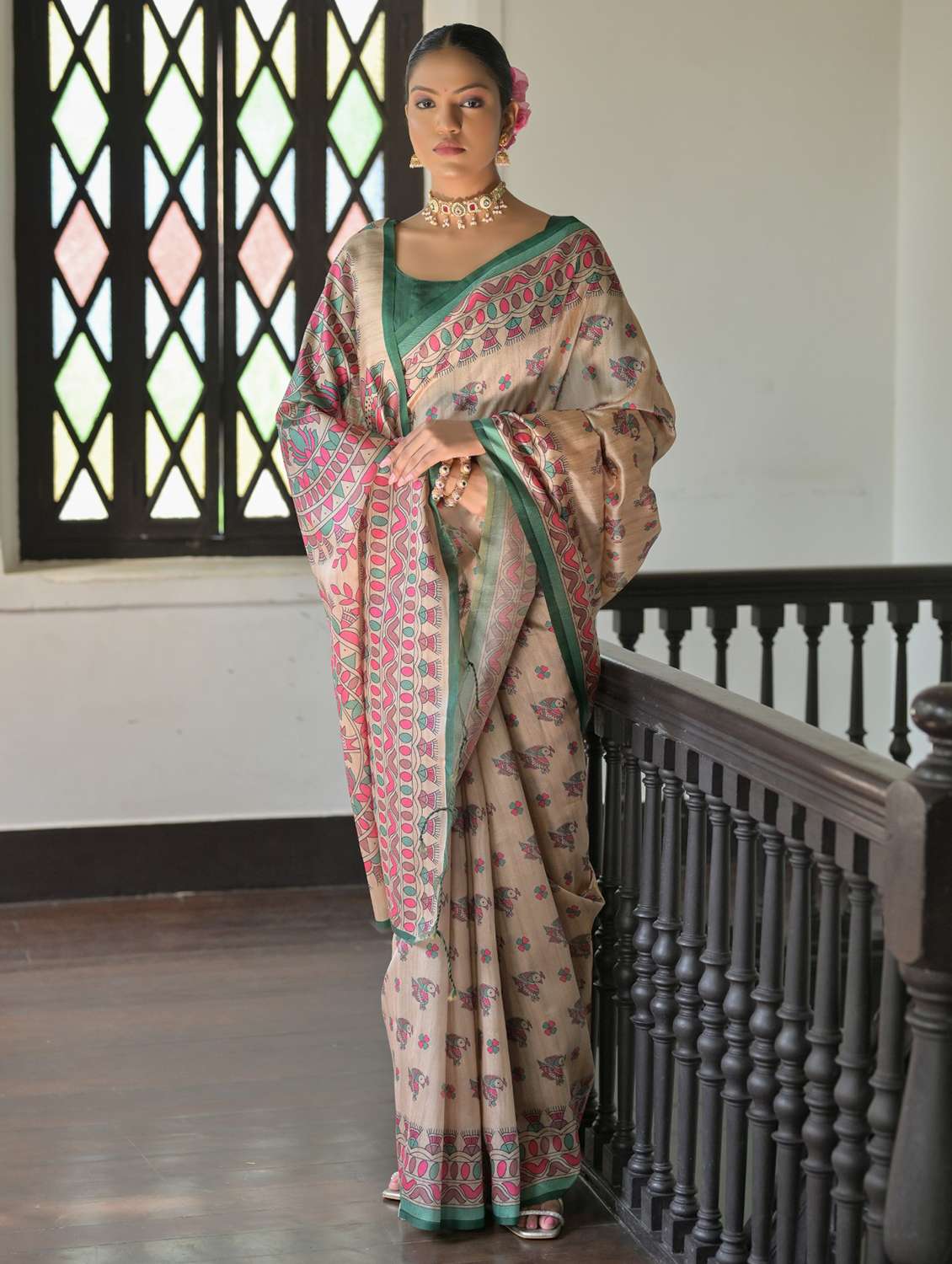 women mandhubani printed handloom saree with blouse - 21667358 -  Standard Image - 1
