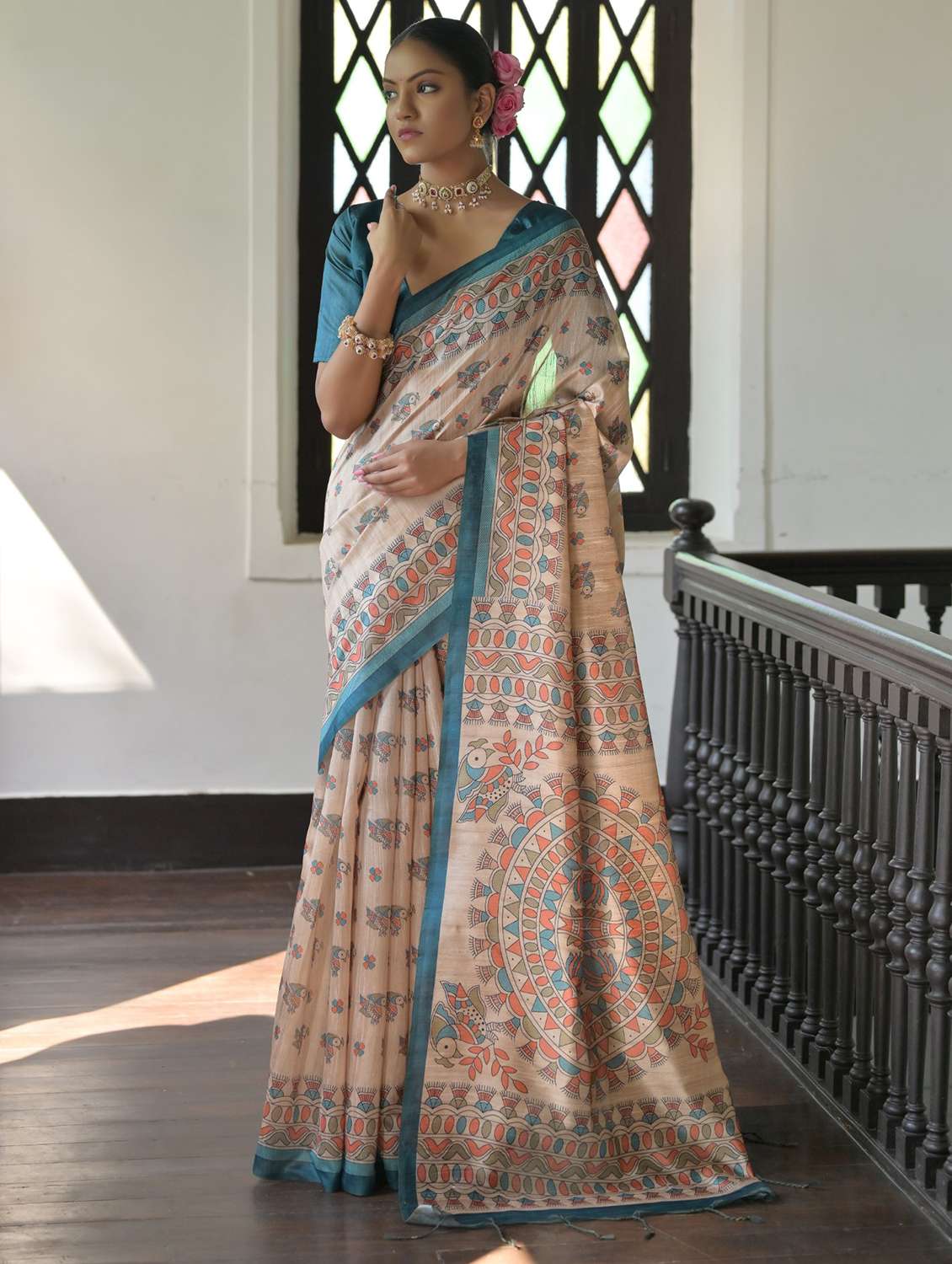 women mandhubani printed handloom saree with blouse