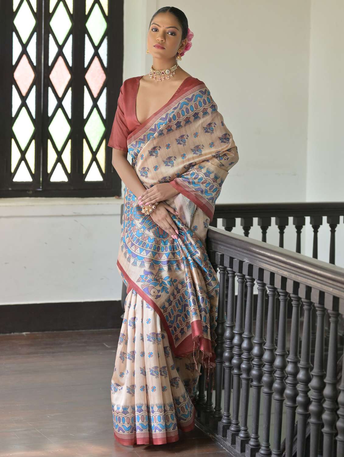 women mandhubani printed handloom saree with blouse - 21667361 - Standard Image - 1