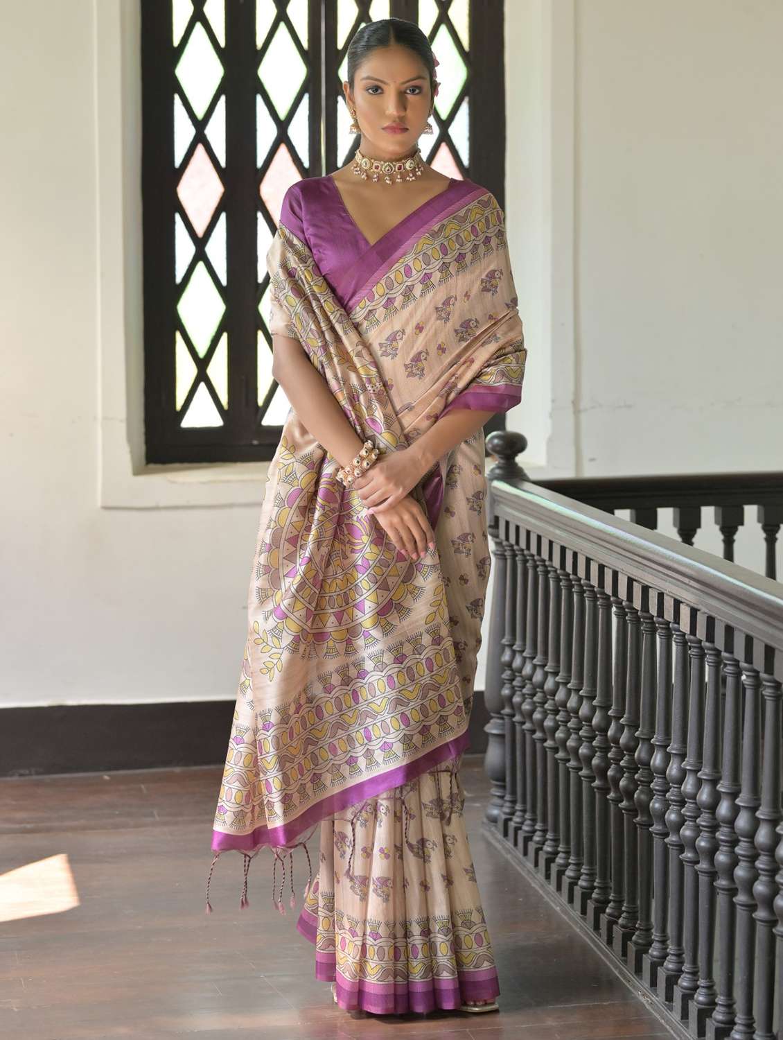 women mandhubani printed handloom saree with blouse - 21667362 -  Standard Image - 1