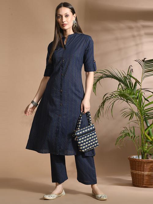 women blue stripes mandarin neck a-line kurta - 21667495 - Standard Image - 0
