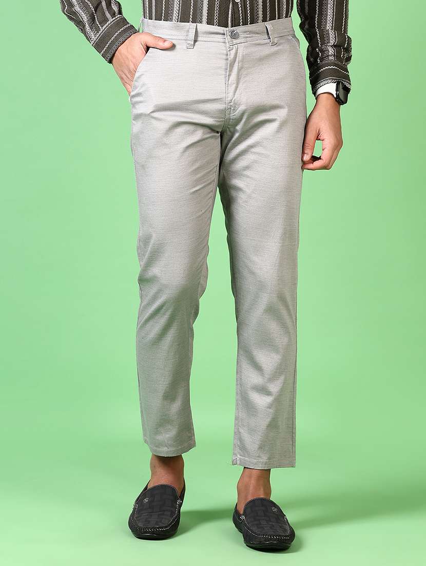 men solid mid rise flat front casual trouser