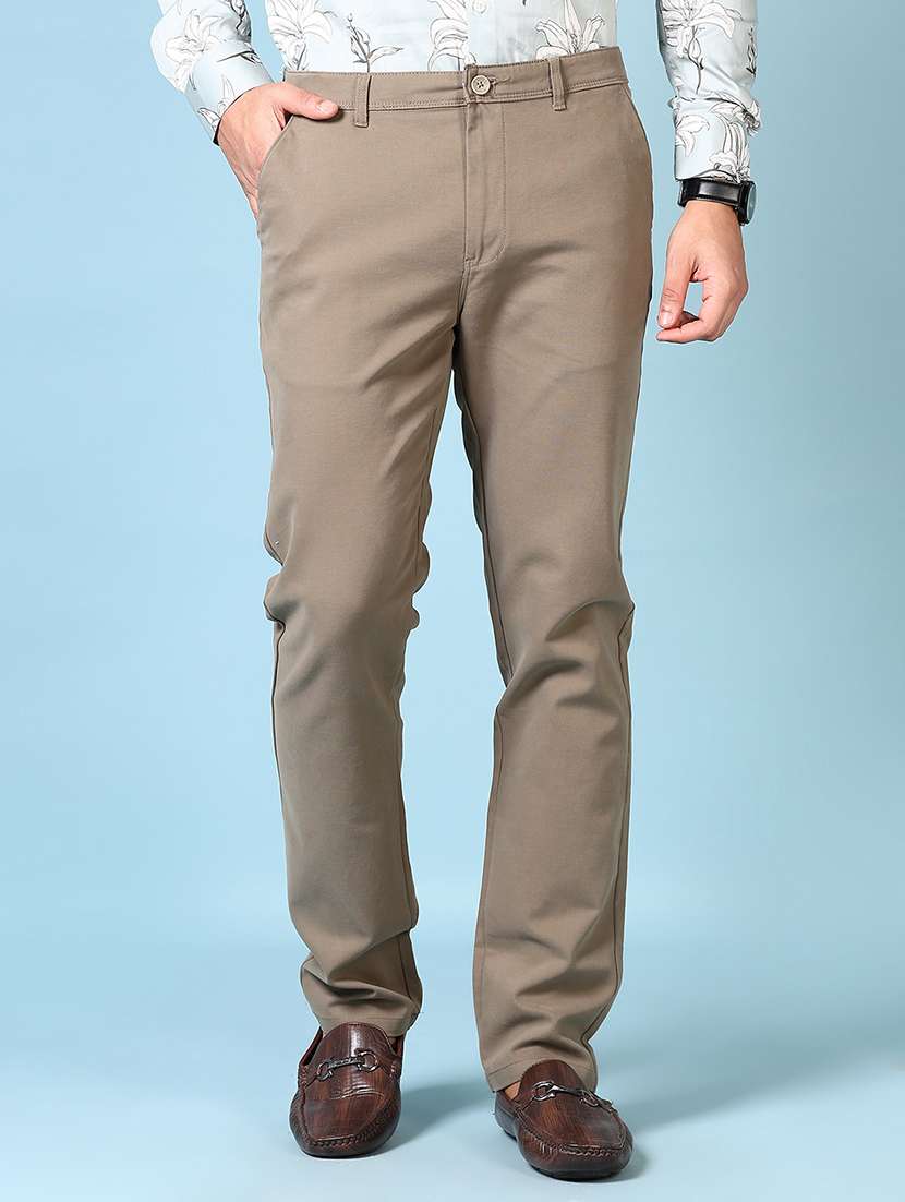 men solid mid rise flat front casual trouser