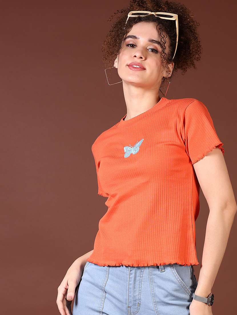 women orange solid with work round neck t-shirt - 21667658 -  Standard Image - 1