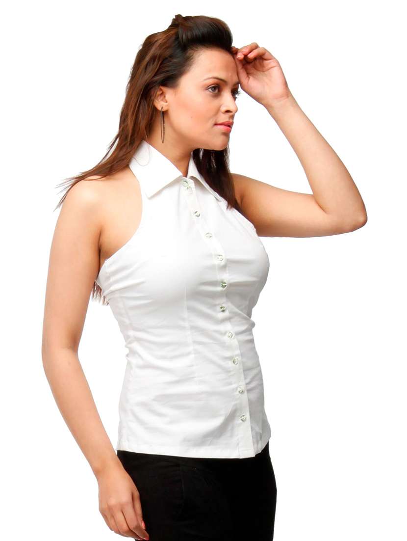 women solid sleevless halter neck shirt - 21667865 - Standard Image - 1