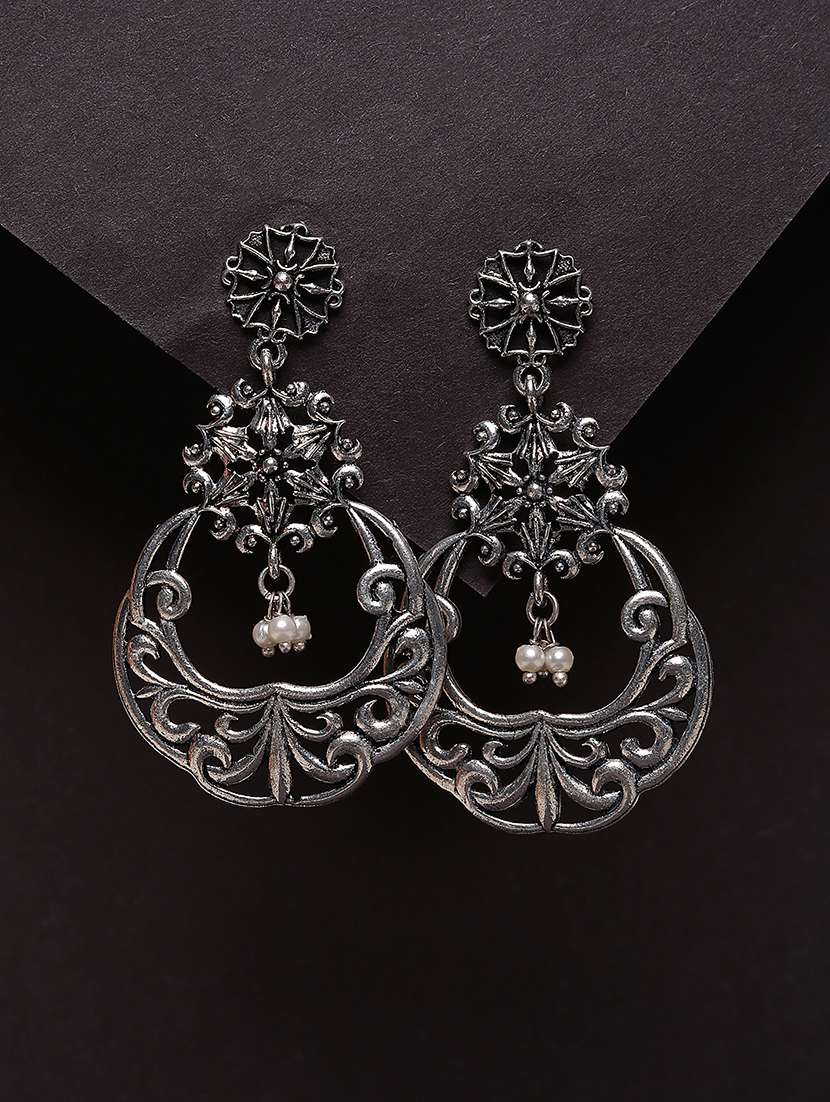 women silver oxidized chandbali earrings