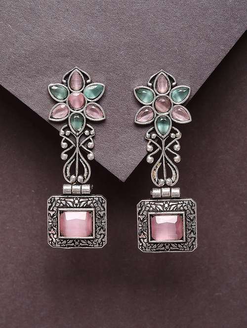 pink studded silver plated oxidized drop earrings - 21667926 -  Standard Image - 0
