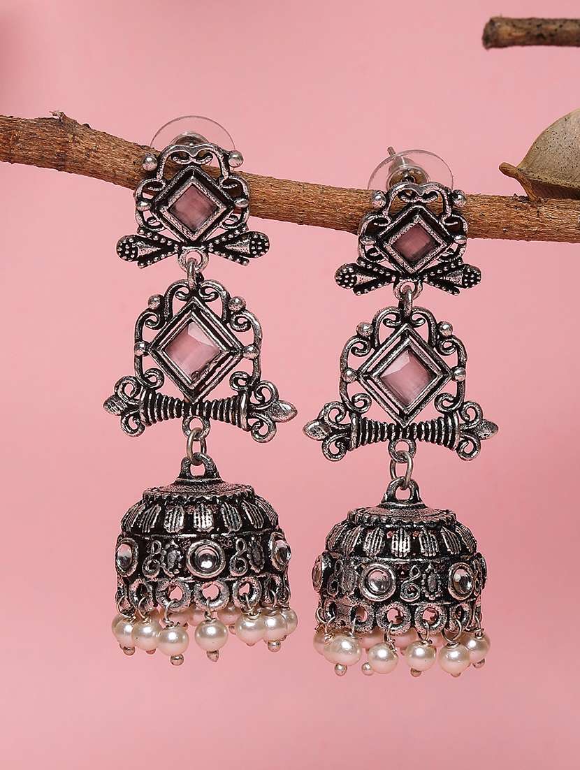 pink studded silver plated oxidized jhumka earrings