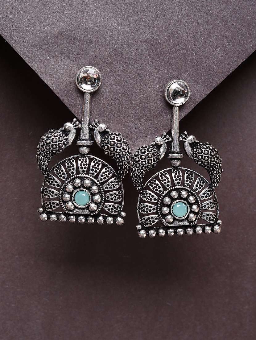 sea green studded silver plated oxidized drop earrings