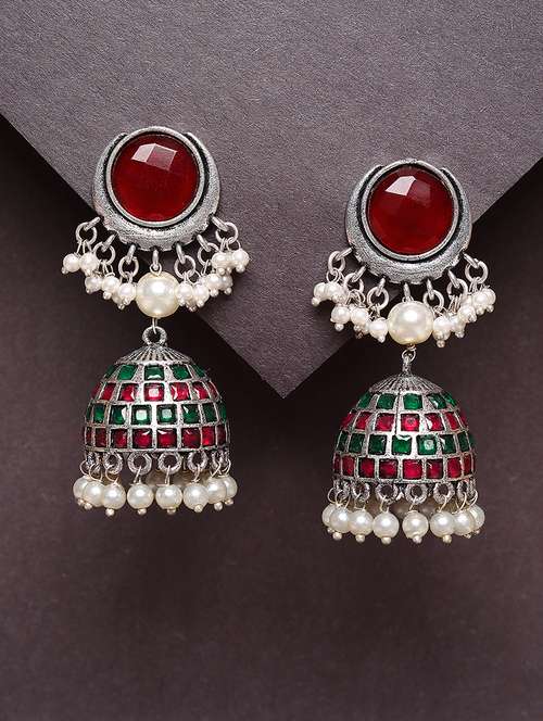 red studded silver plated oxidized jhumka earrings - 21667939 -  Standard Image - 0