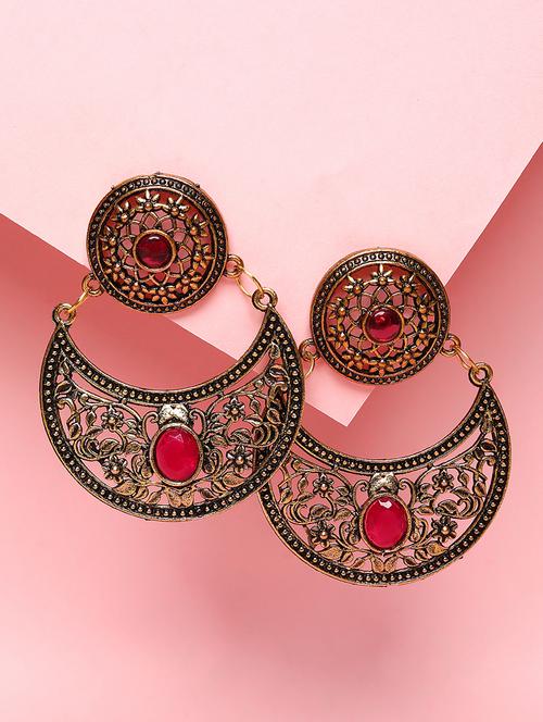 red studded silver plated oxidized chandbali earrings - 21667944 - Standard Image - 0